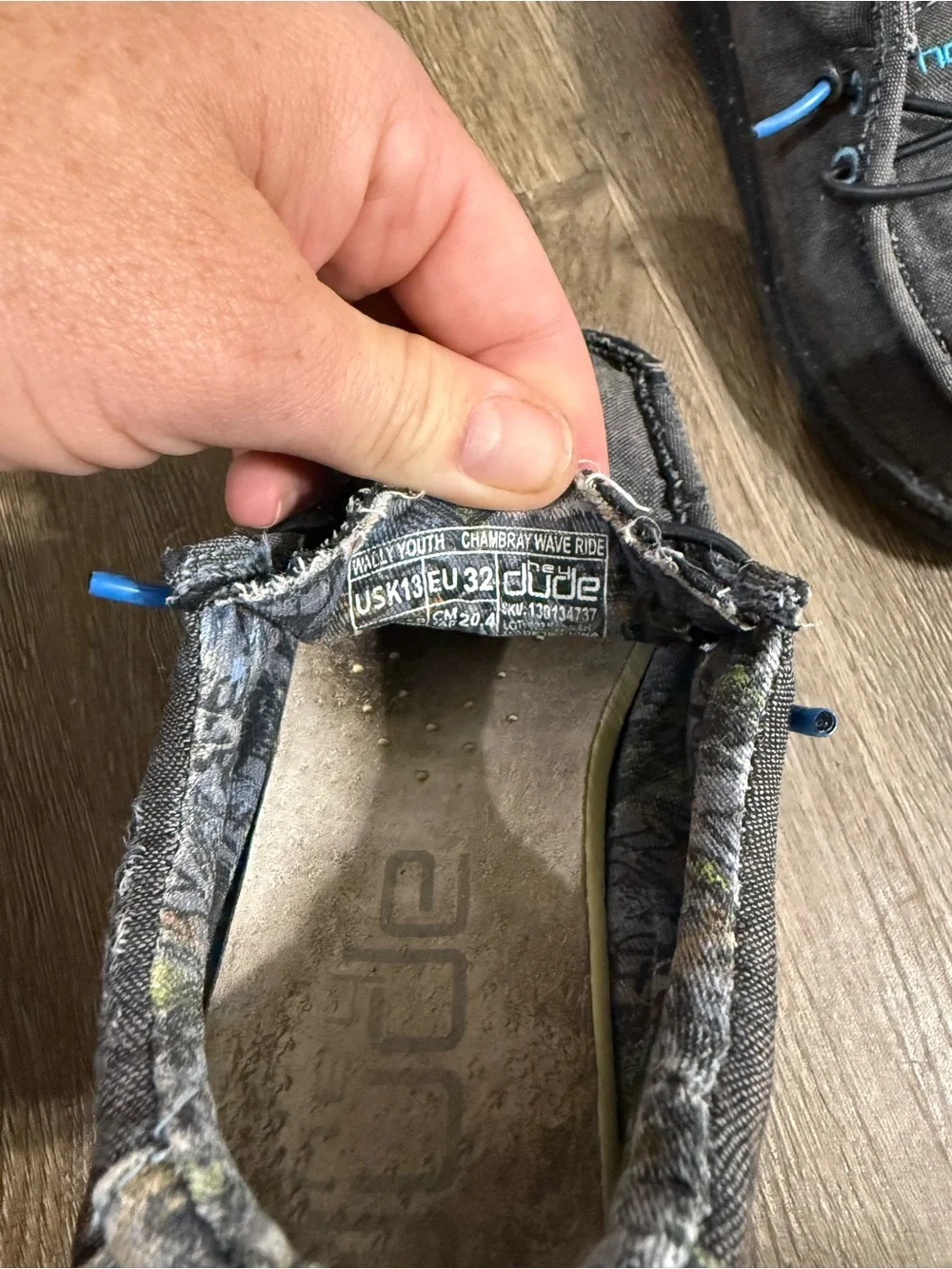 Hey Dude Kids Slip-On Shoes in Charcoal with Blue Accent size kids 13